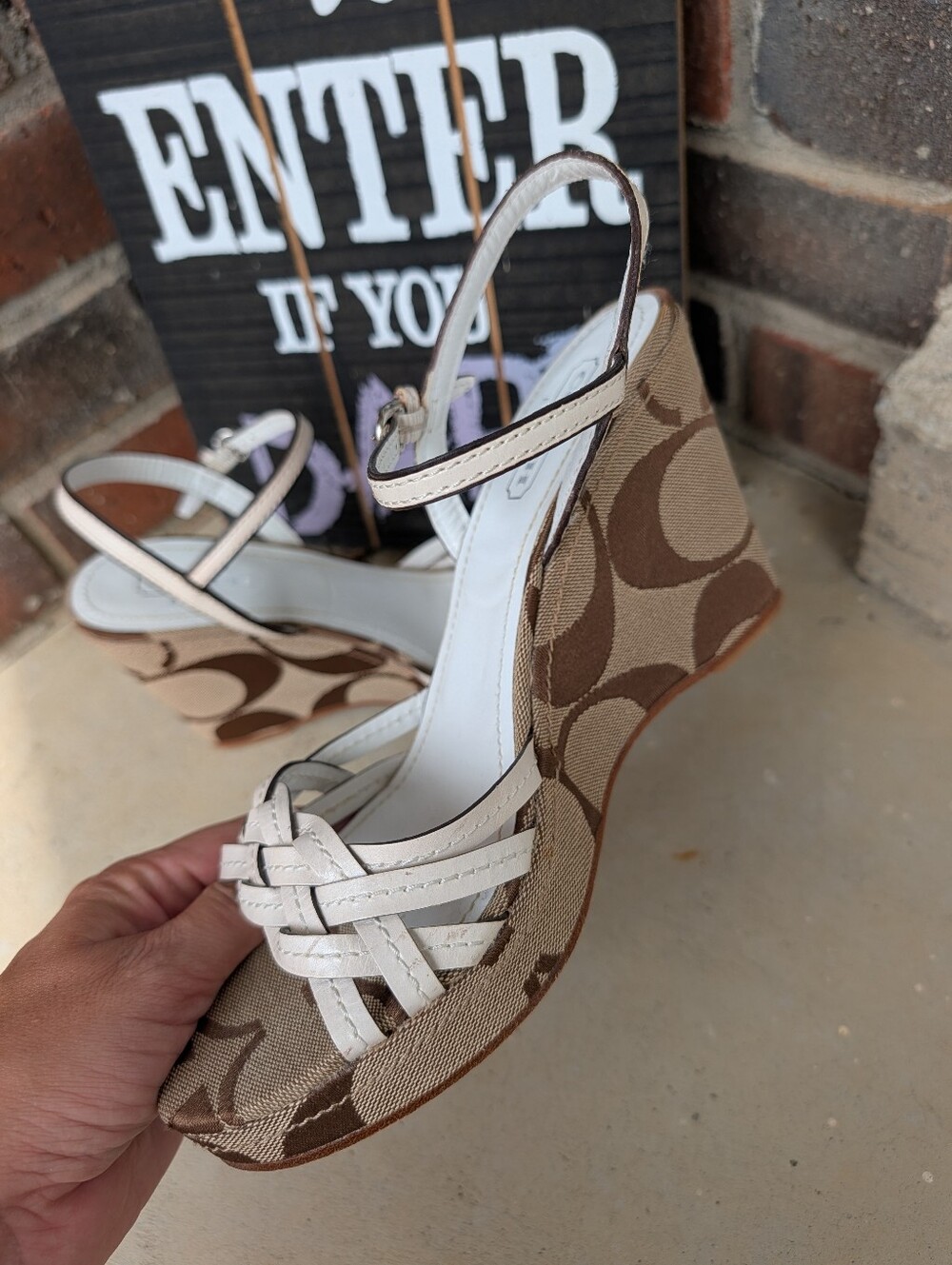 🍁 Vintage Y2K Coach Rose Genuine Leather Signature Canvas Braided Wedge Sandals - Picture 10 of 15